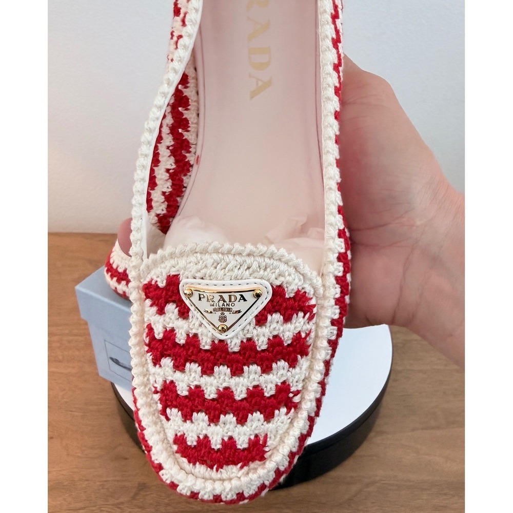 Prada Red White Crochet Loafers Enameled Triangle Logo Flats 1D496N Womens 37 - Picture 8 of 11